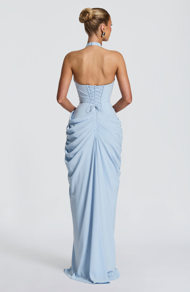 Linde Halter Maxi Dress with Corset Bodice and Chiffon Skirt 10