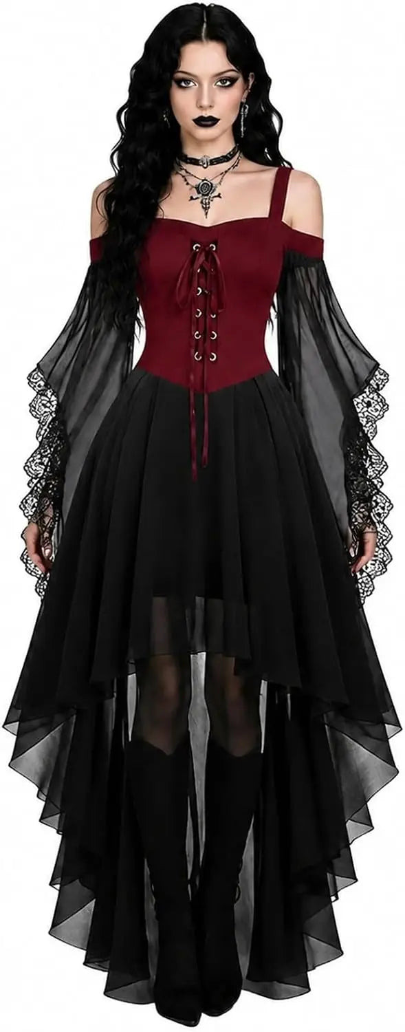 Women's Gothic Vampire Halloween Costume with Lace-Up Front and High-Low Skirt 7