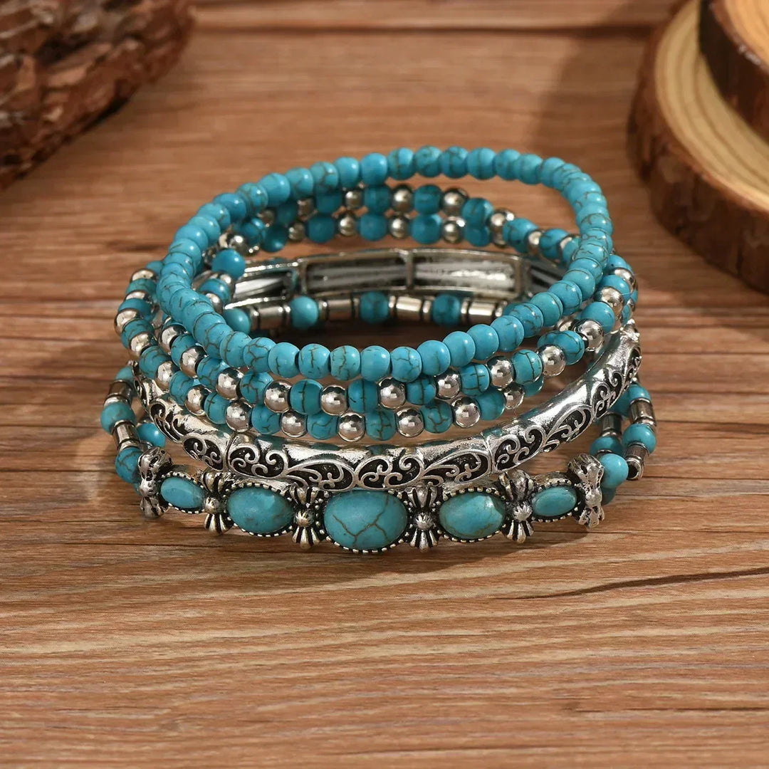Bohemian Bracelet Set – 5-Piece Turquoise Beaded Stack 3