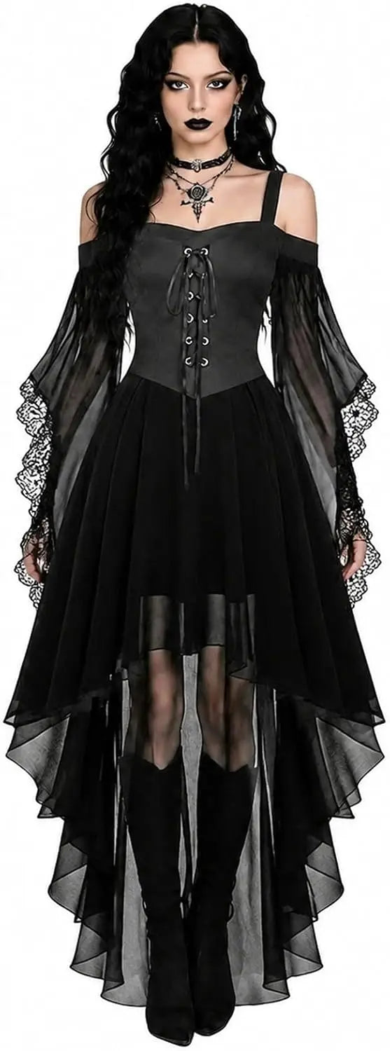 Women's Gothic Vampire Halloween Costume with Lace-Up Front and High-Low Skirt 8