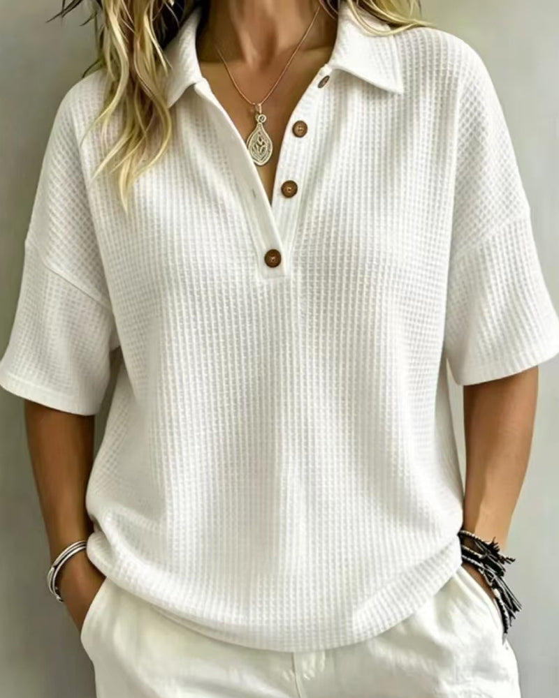 Women's Relaxed Waffle Knit Polo Top with Short Sleeves 1