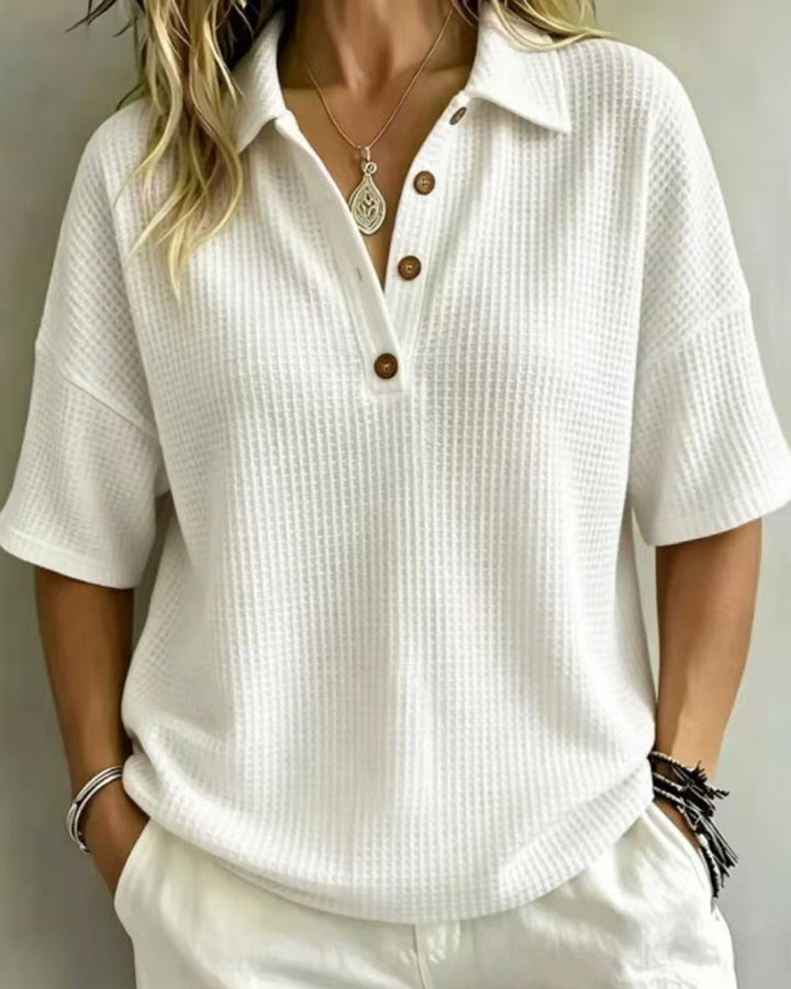 Women's Relaxed Waffle Knit Polo Top with Short Sleeves 1