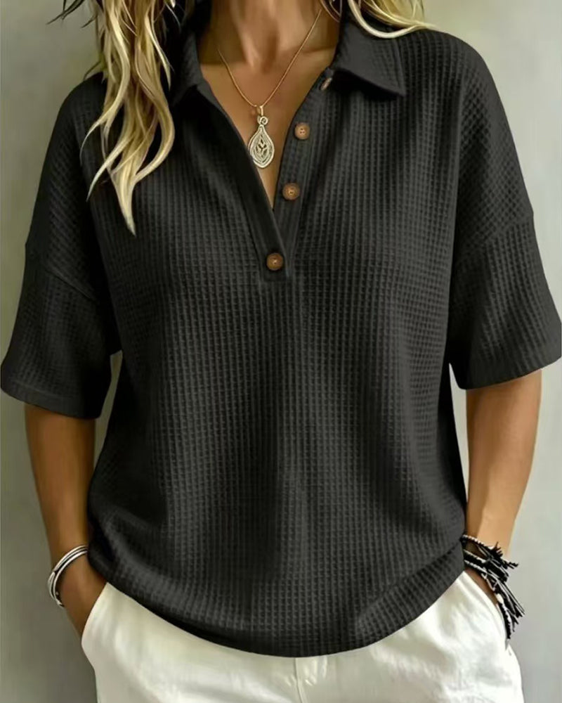 Women's Relaxed Waffle Knit Polo Top with Short Sleeves 5