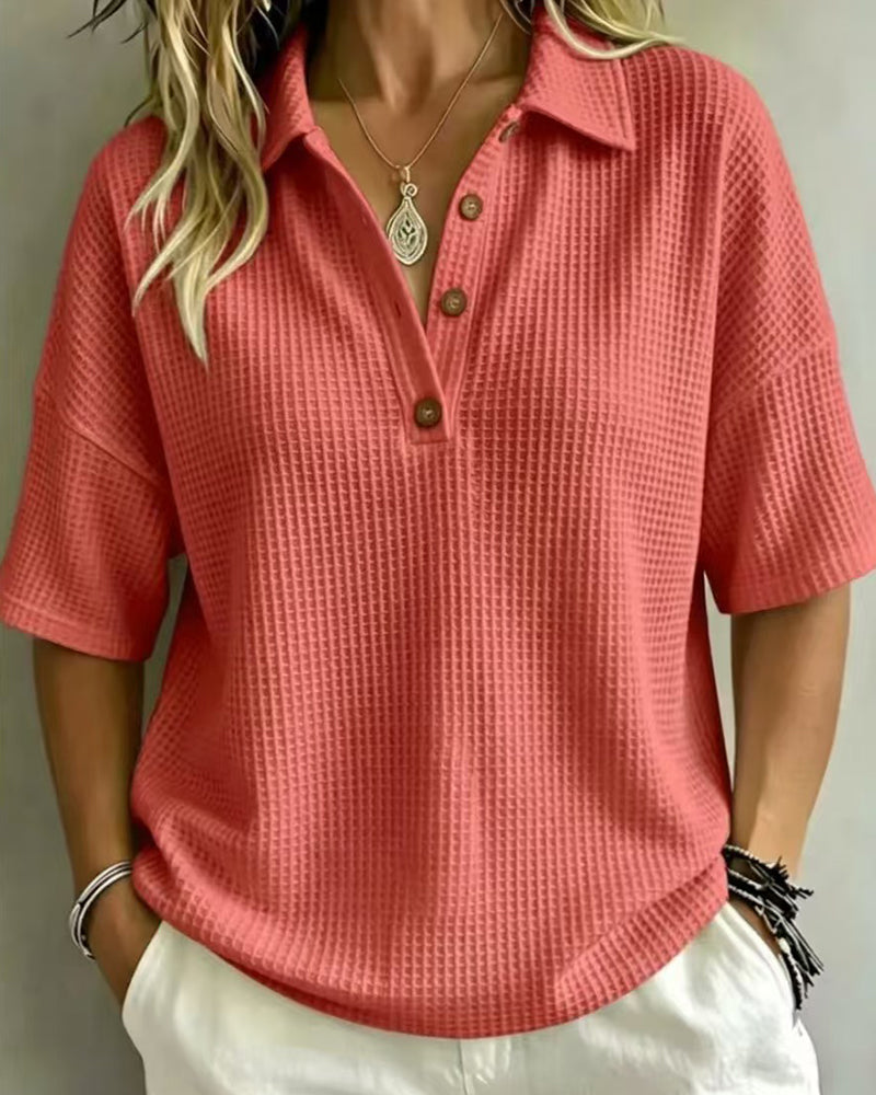 Women's Relaxed Waffle Knit Polo Top with Short Sleeves 4