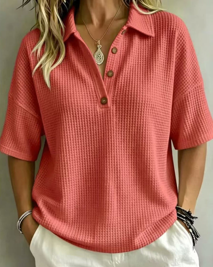 Women's Relaxed Waffle Knit Polo Top with Short Sleeves 4