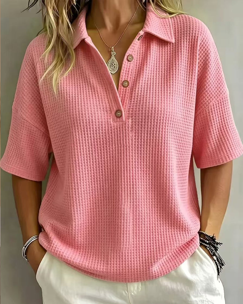 Women's Relaxed Waffle Knit Polo Top with Short Sleeves 9