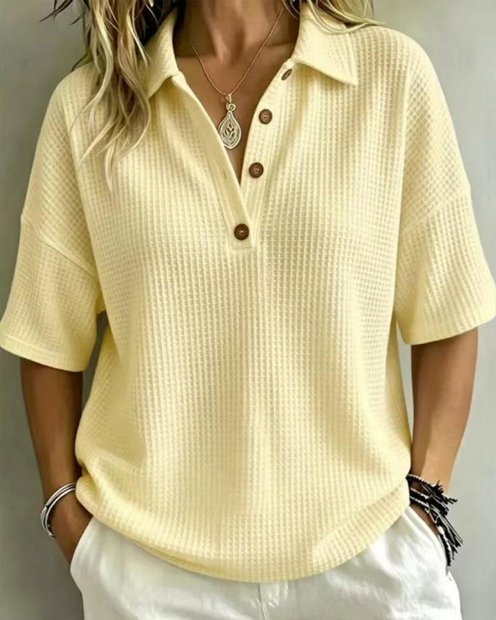 Women's Relaxed Waffle Knit Polo Top with Short Sleeves 2