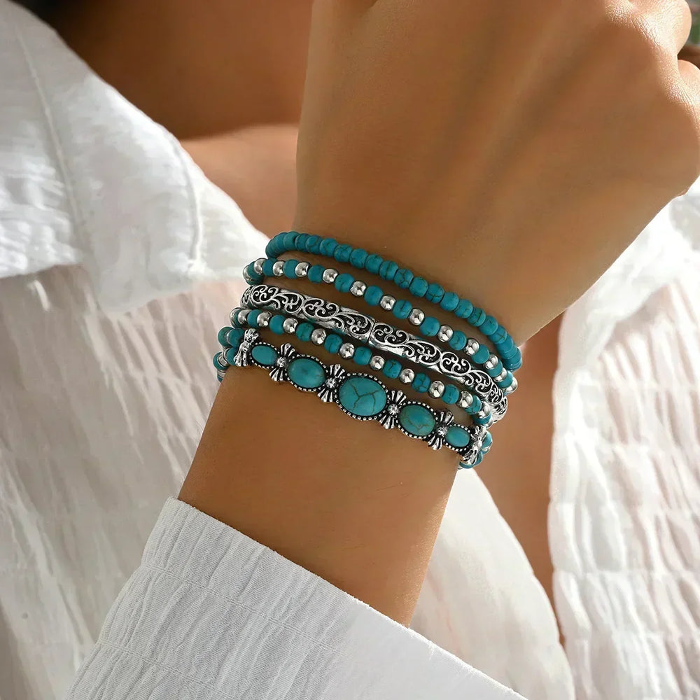 Turquoise Beaded Bracelet Set of 5 with Silver-Tone Details 2
