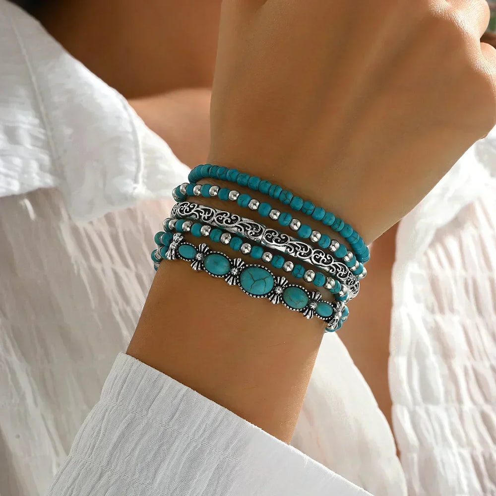 Bohemian Bracelet Set – 5-Piece Turquoise Beaded Stack 2