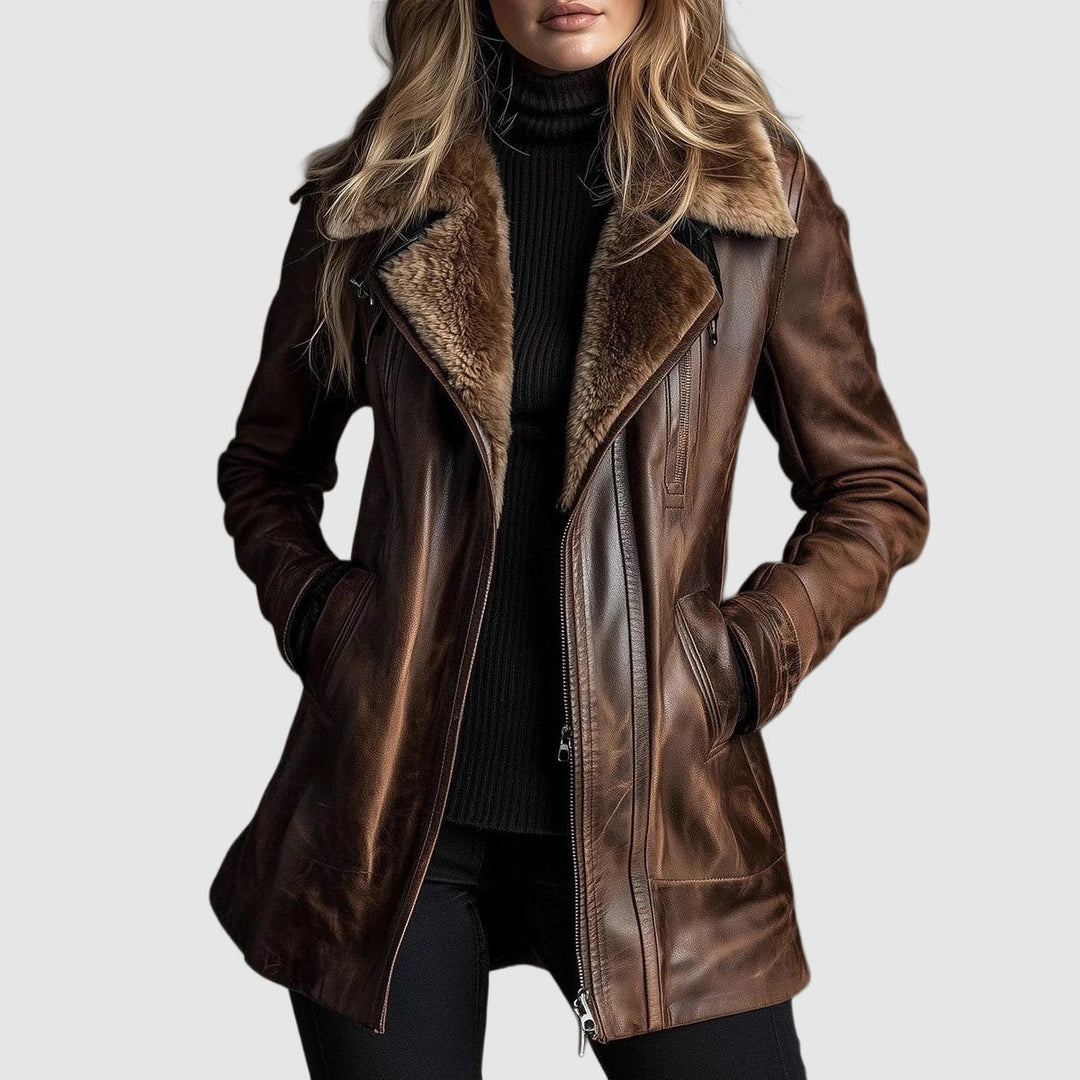 Women's Long Leather Jacket with Shearling Fur Collar and Offset Zip 1