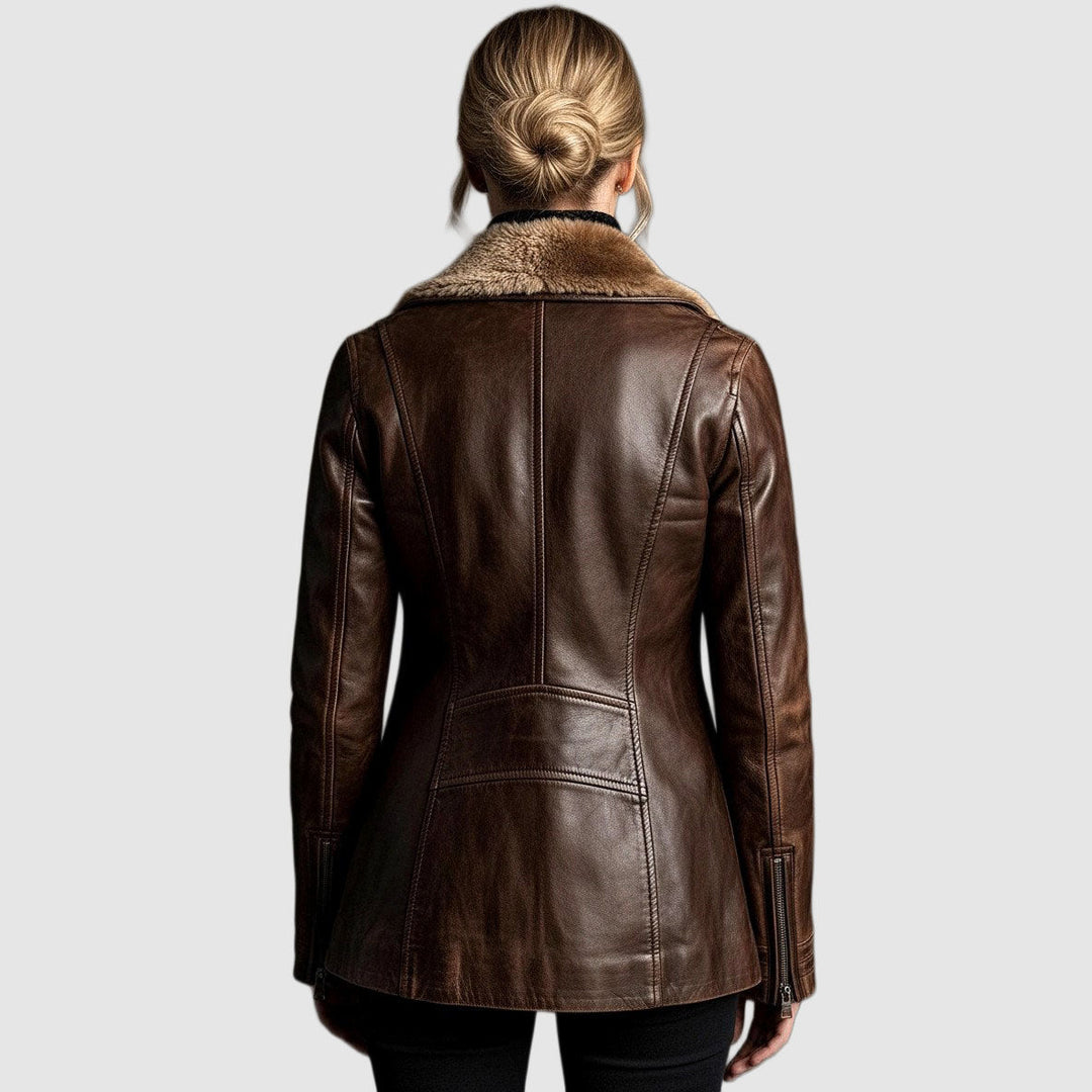 Women's Long Leather Jacket with Shearling Fur Collar and Offset Zip 2