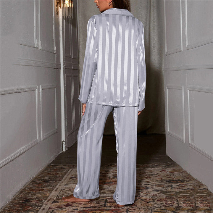 Satin Stripe Pajama Set with Wide Leg Pants 10