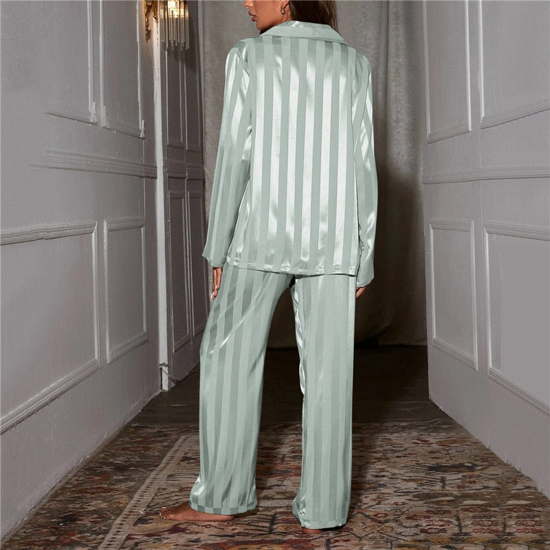 Satin Stripe Pajama Set with Wide Leg Pants 13