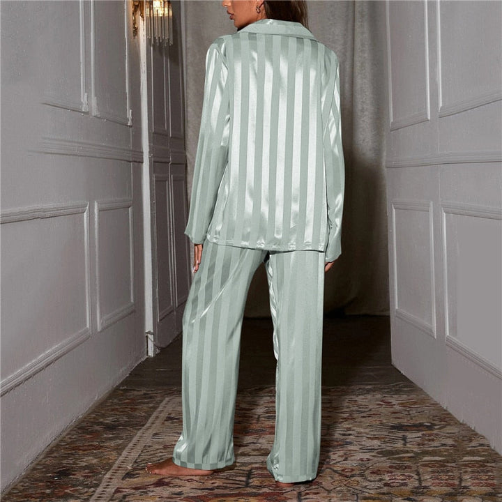 Satin Stripe Pajama Set with Wide Leg Pants 13