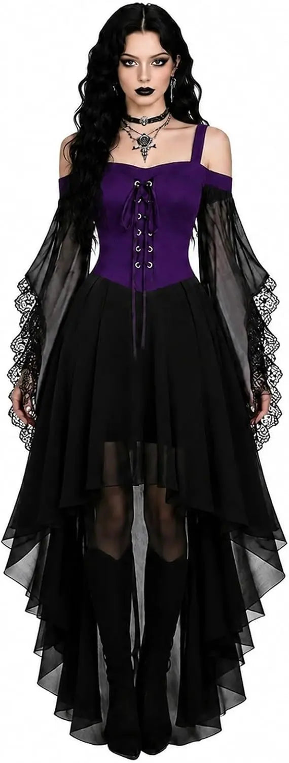 Women's Gothic Vampire Halloween Costume with Lace-Up Front and High-Low Skirt 6