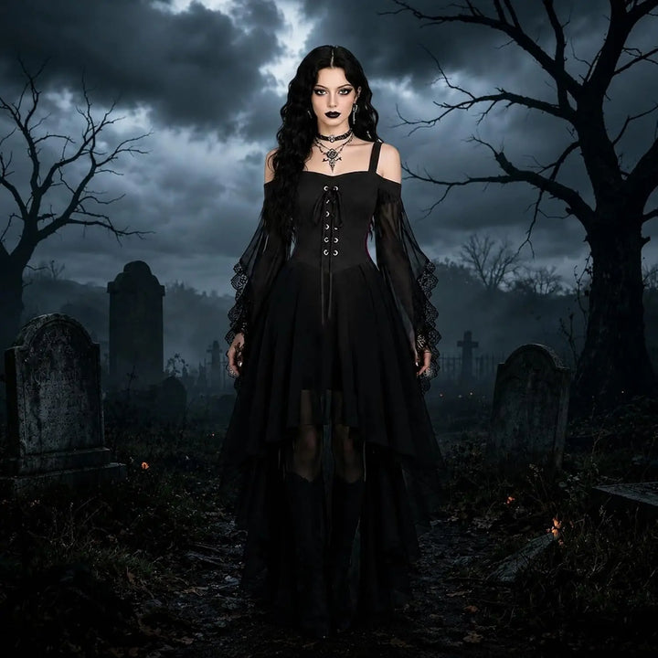 Women's Gothic Vampire Halloween Costume with Lace-Up Front and High-Low Skirt 4