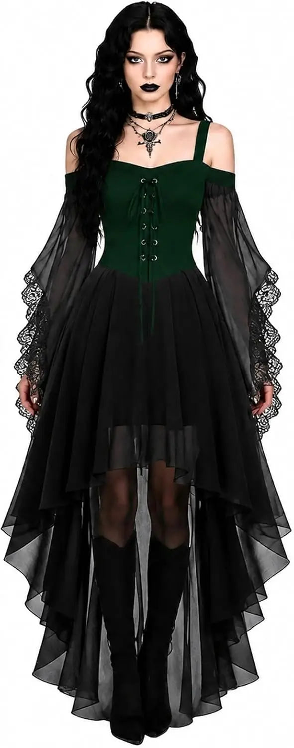Women's Gothic Vampire Halloween Costume with Lace-Up Front and High-Low Skirt 9