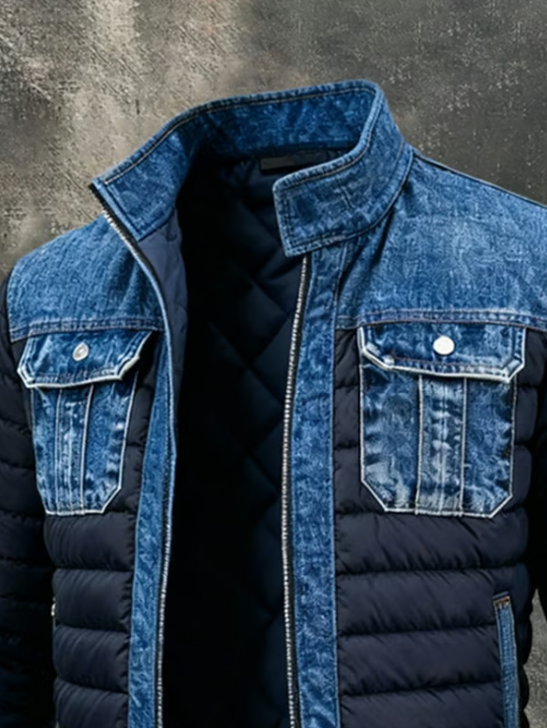 Men's Quilted Denim Jacket with Stand Collar and Zip Front, Blue 3