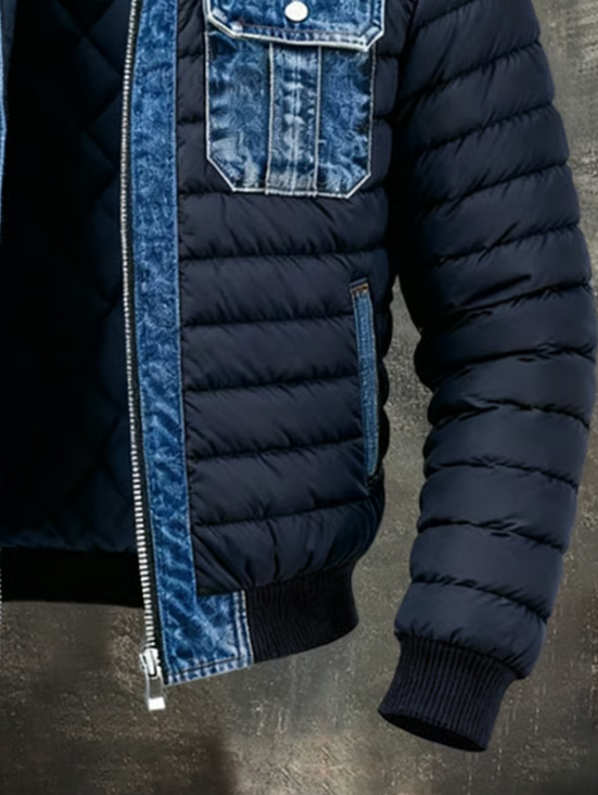 Men's Quilted Denim Jacket with Stand Collar and Zip Front, Blue 5
