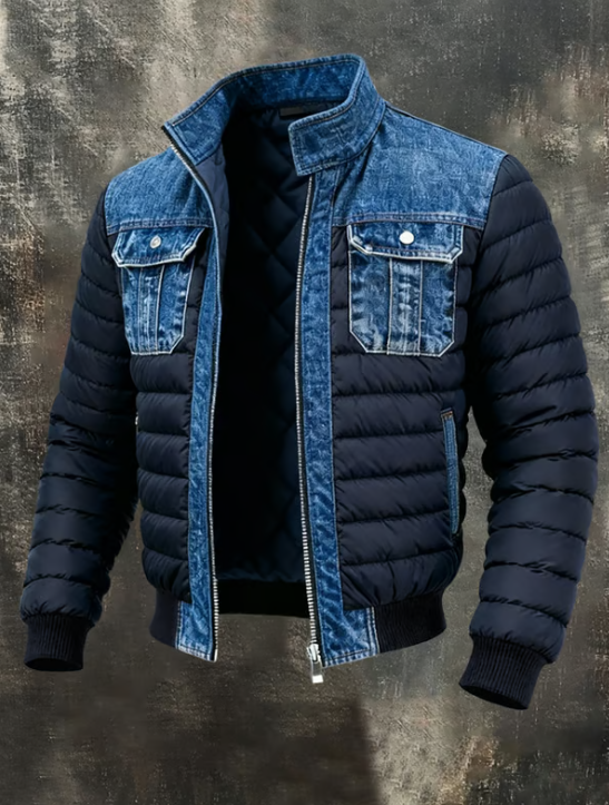 Men's Quilted Denim Jacket with Stand Collar and Zip Front, Blue 1