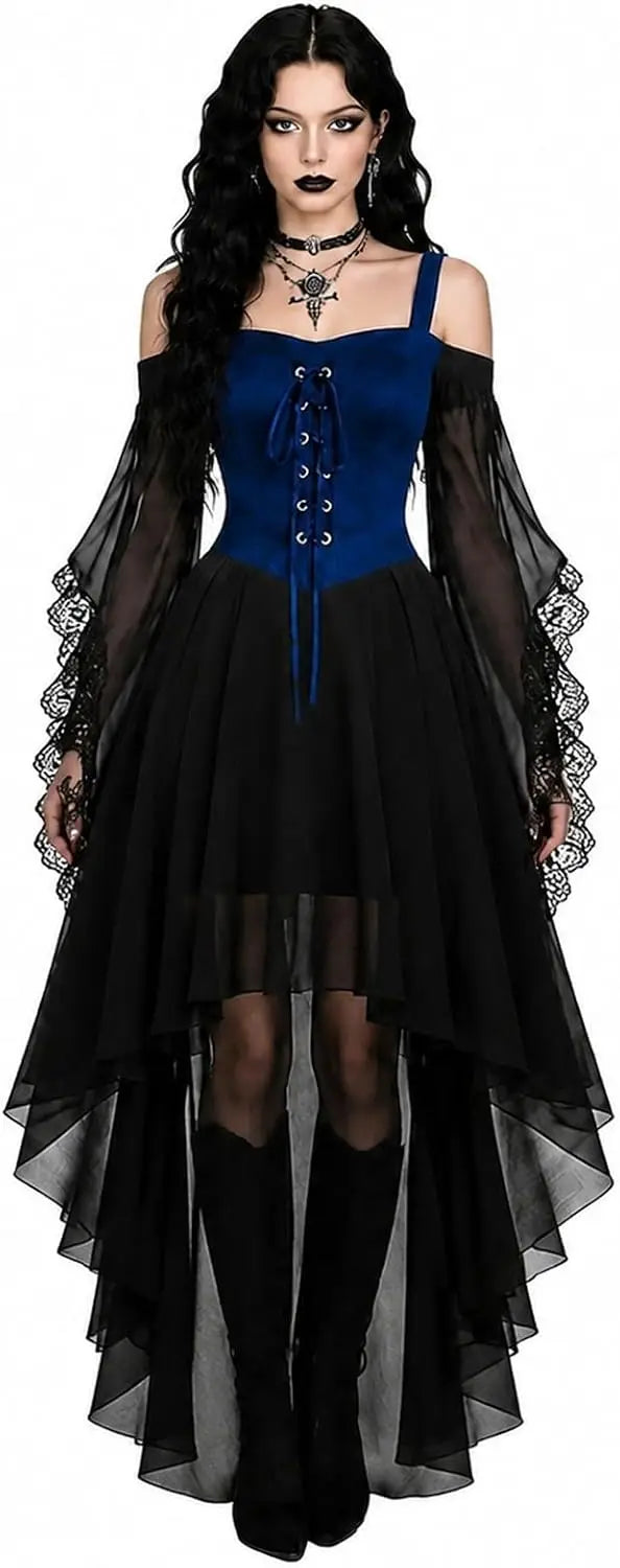 Women's Gothic Vampire Halloween Costume with Lace-Up Front and High-Low Skirt 5