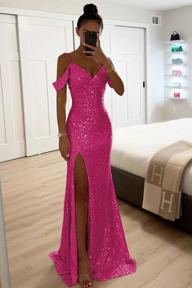 Sequin Off-Shoulder Maxi Dress with High Front Slit 2