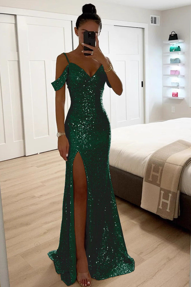 Sequin Off-Shoulder Maxi Dress with High Front Slit 3