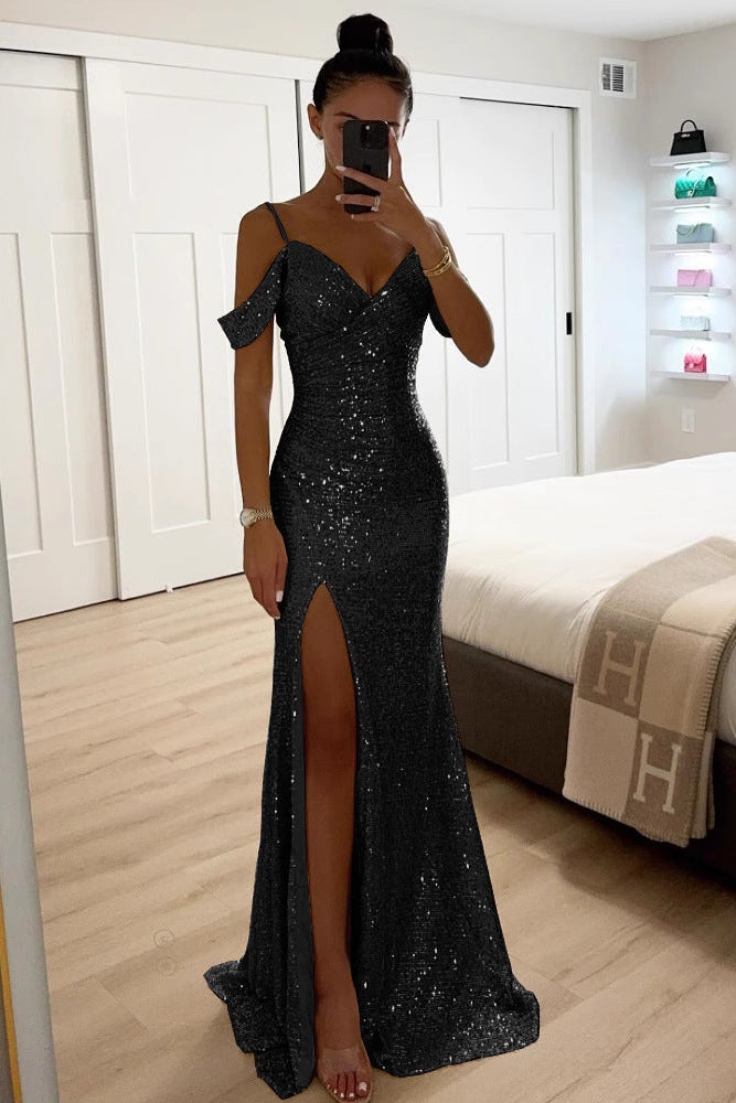 Sequin Off-Shoulder Maxi Dress with High Front Slit 4