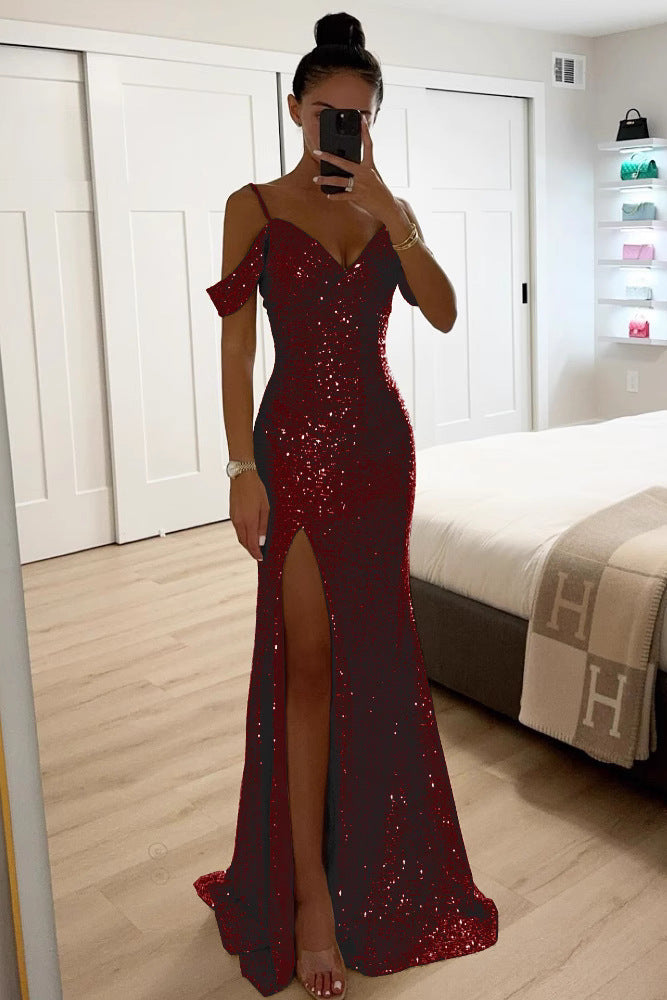 Sequin Off-Shoulder Maxi Dress with High Front Slit 5