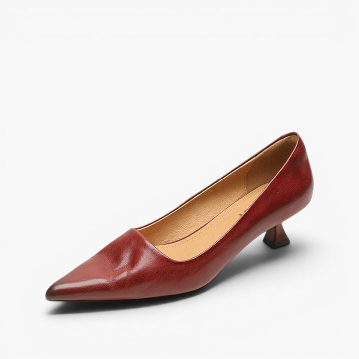 Women's Top-Grain Leather Kitten Heels, Slip-On Pointed Toe Pumps 7