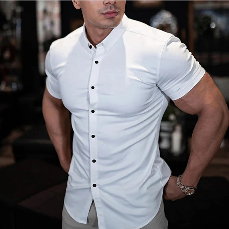 Men's Slim Fit Short Sleeve Button-Up Shirt with Point Collar 2