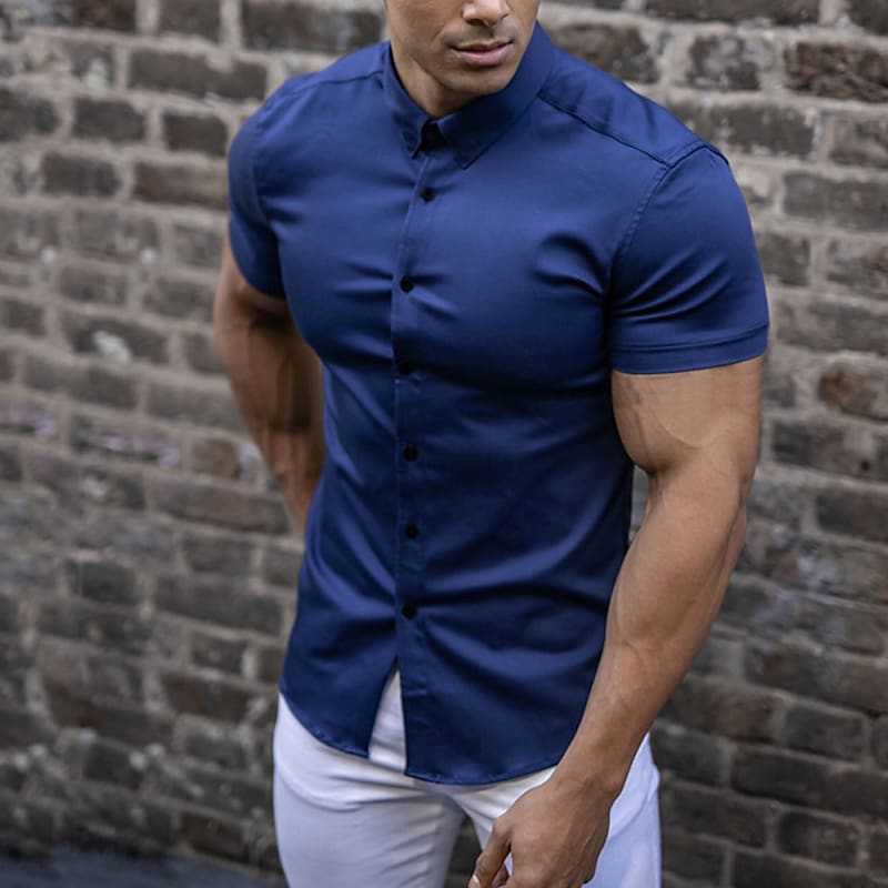 Men's Slim Fit Short Sleeve Button-Up Shirt with Point Collar 3