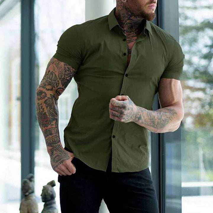 Men's Slim Fit Short Sleeve Button-Up Shirt with Point Collar 5