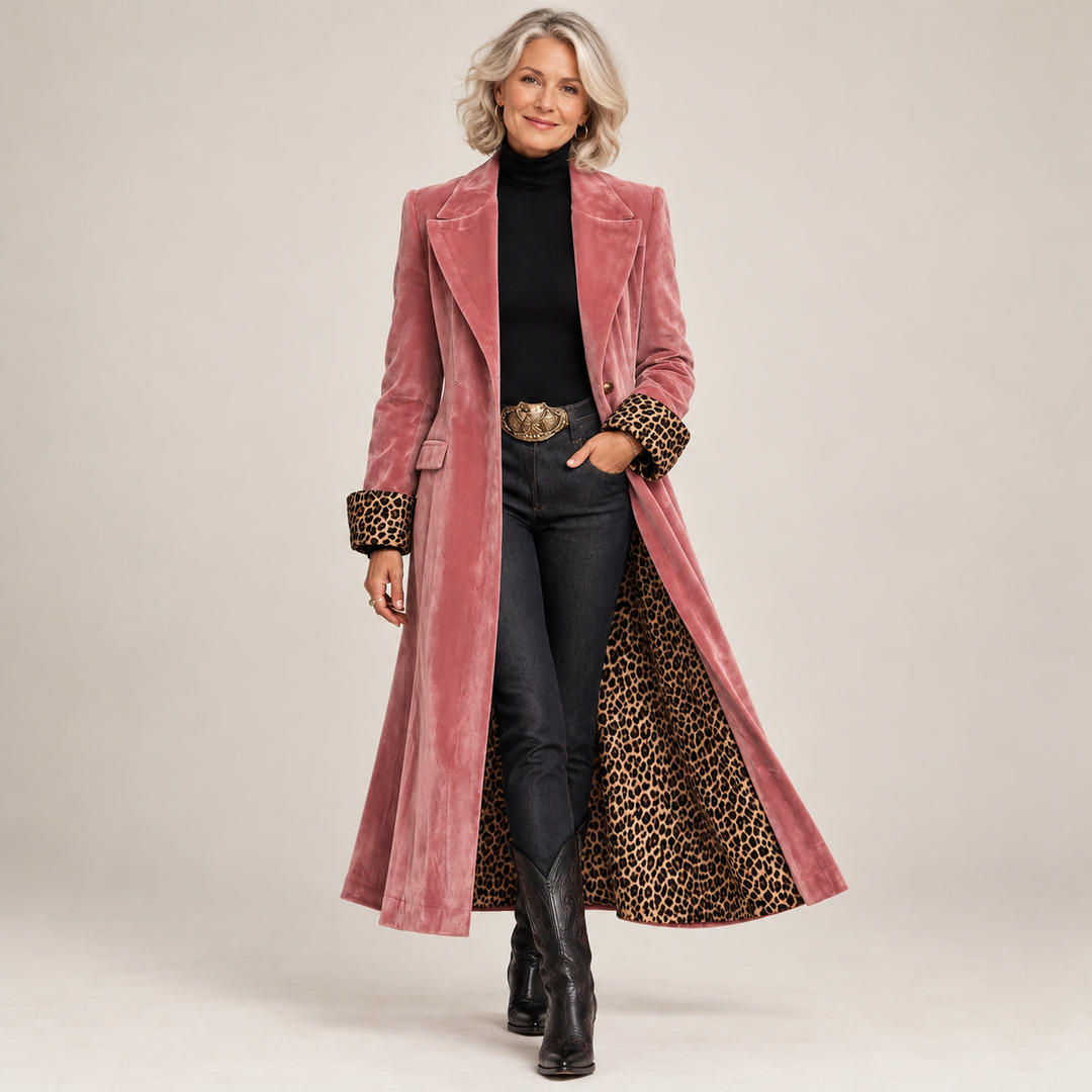 Longline Tailored Velvet-Effect Coat with Leopard-Print Lining 1
