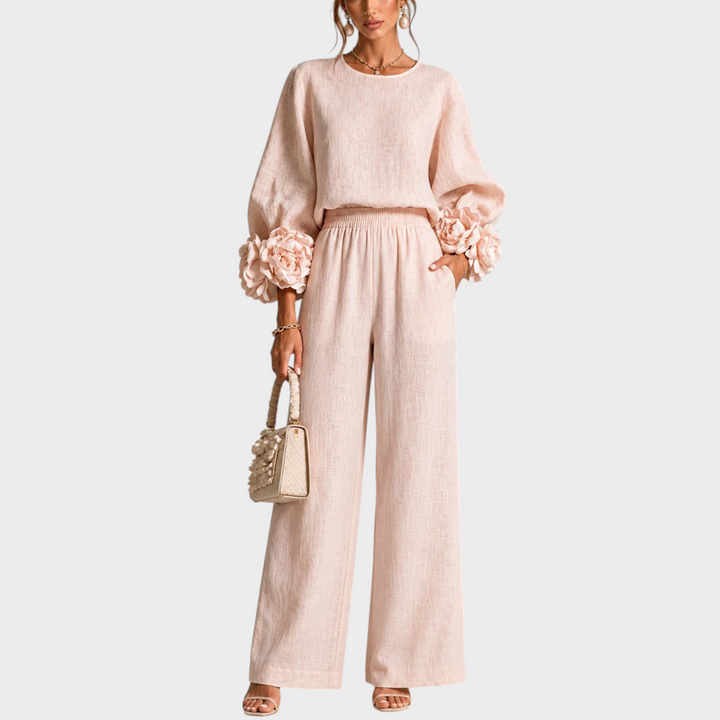 Floral Two-Piece Set with Embellished Top and Wide-Leg High-Waist Pants 1