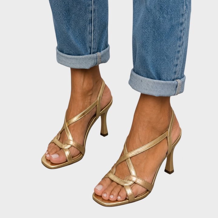 Elegant Gold Strappy Heeled Sandals 1