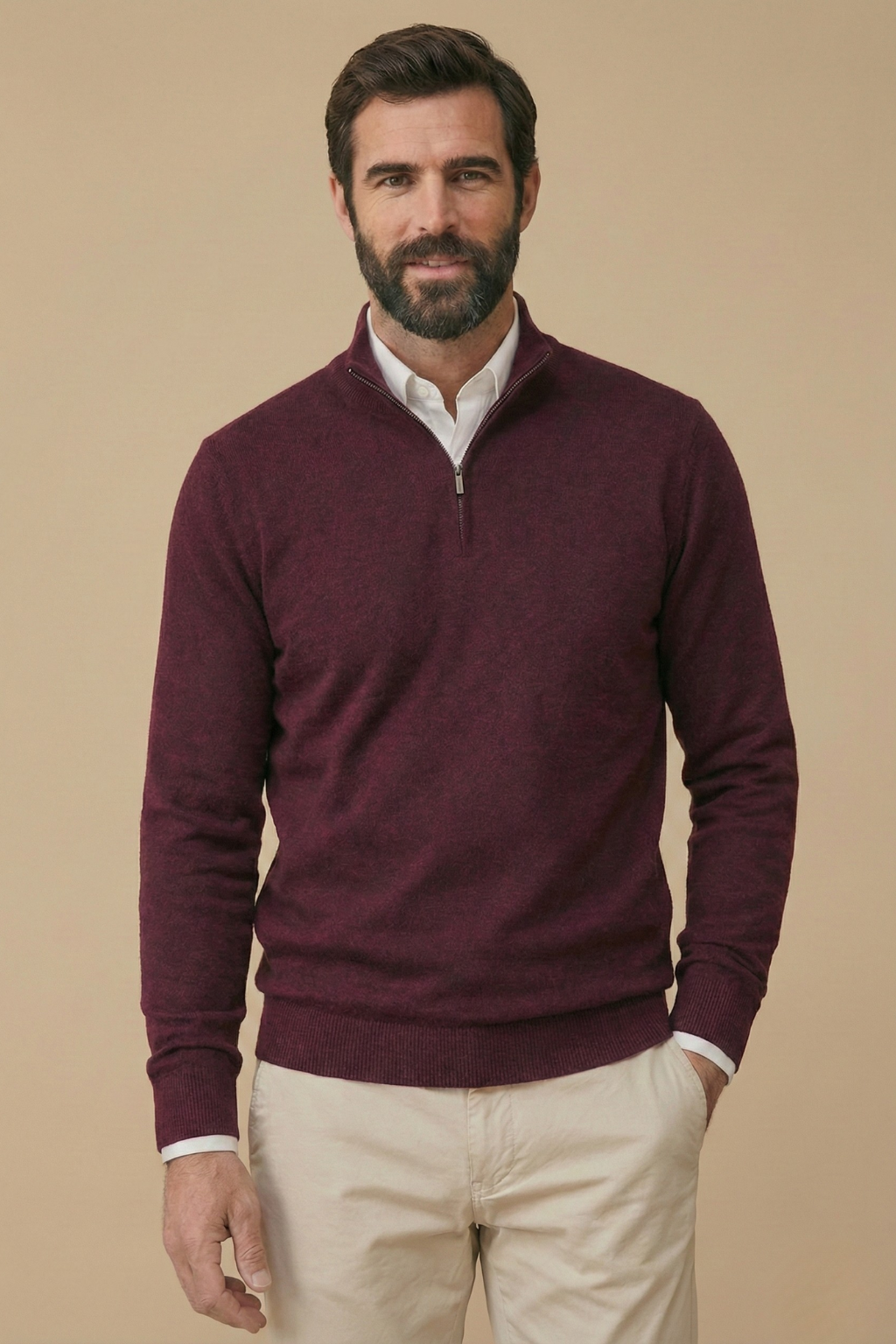 Men's Half Zip Sweater with Stand Collar and Ribbed Hem 4