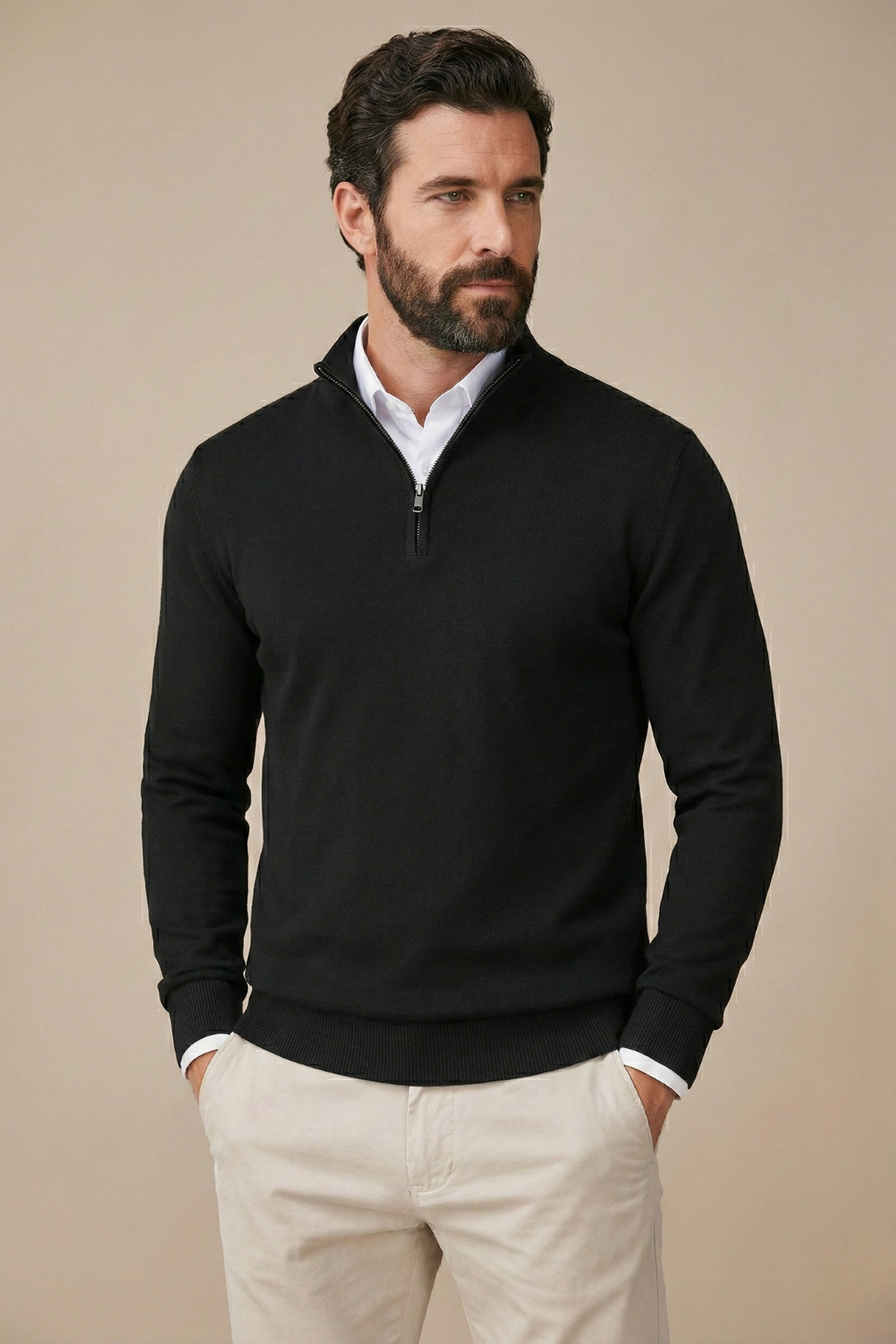 Men's Half Zip Sweater with Stand Collar and Ribbed Hem 1