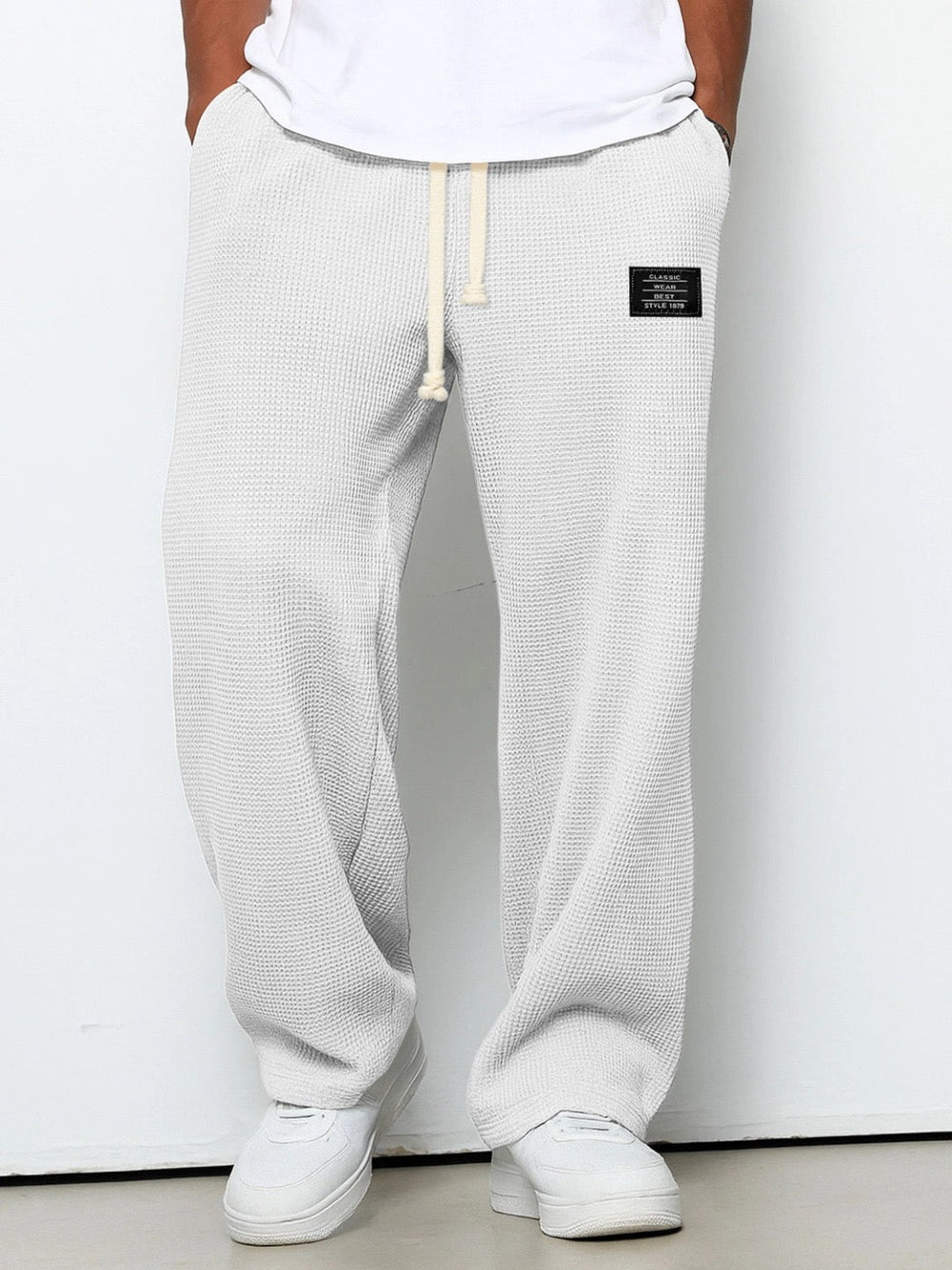Men's Waffle Knit Wide Leg Pants with Drawstring Elastic Waist 2