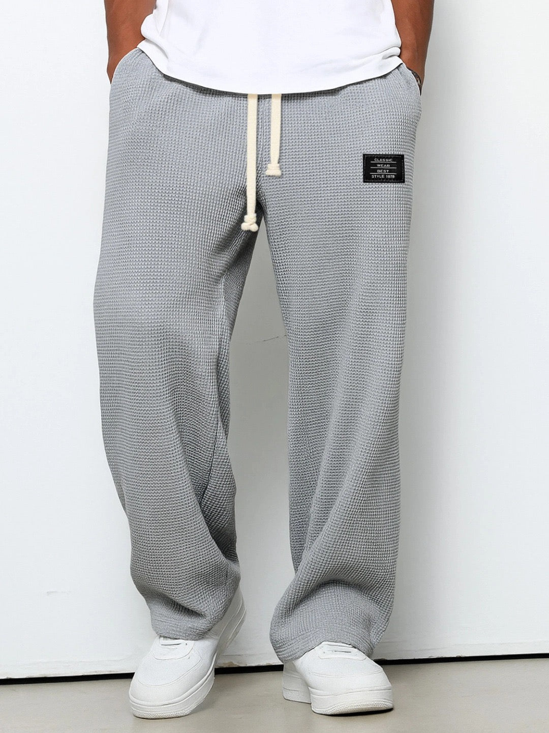 Men's Waffle Knit Wide Leg Pants with Drawstring Elastic Waist 3