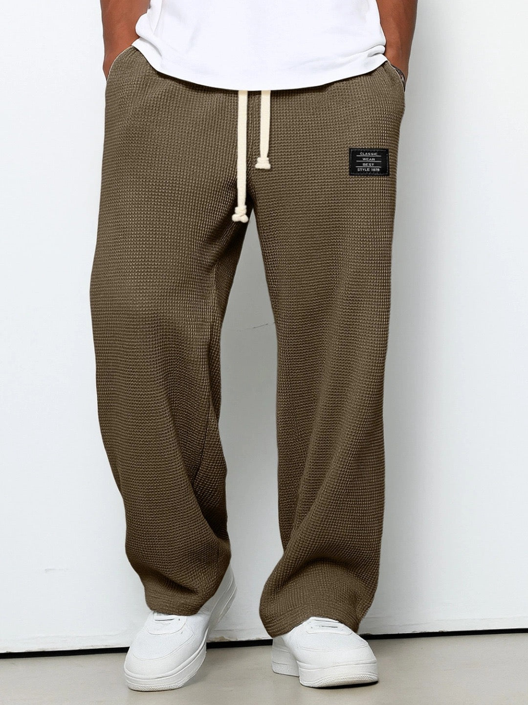 Men's Waffle Knit Wide Leg Pants with Drawstring Elastic Waist 5