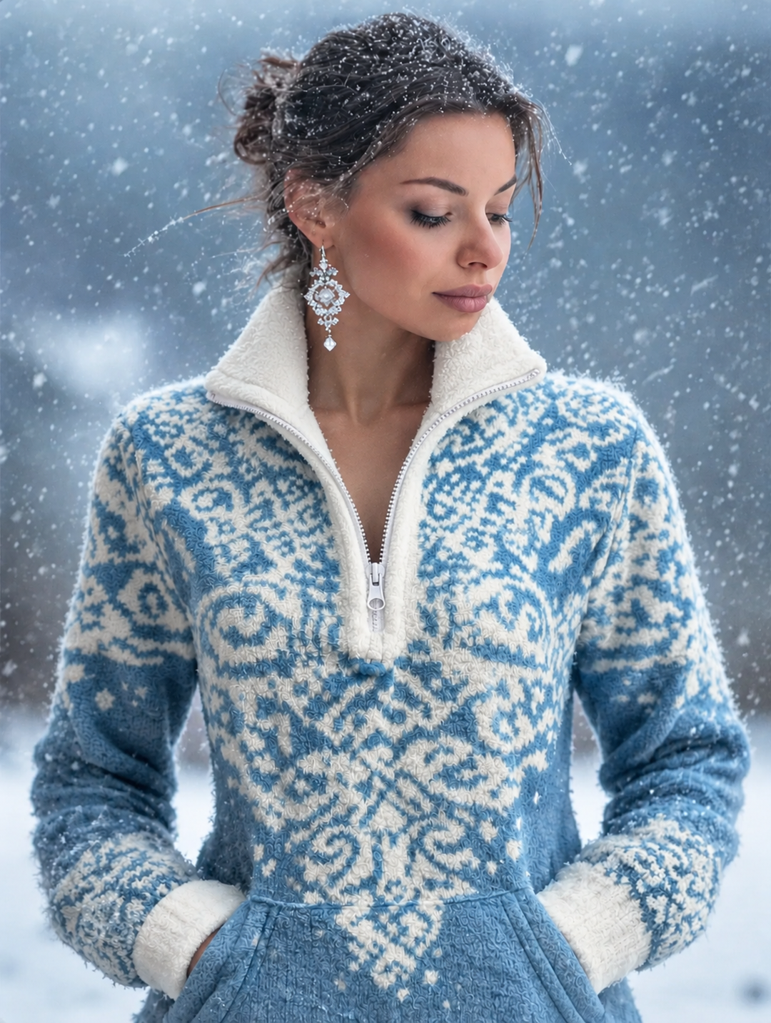 Women's Fair Isle Quarter Zip Blue Knit Sweater for Winter 1
