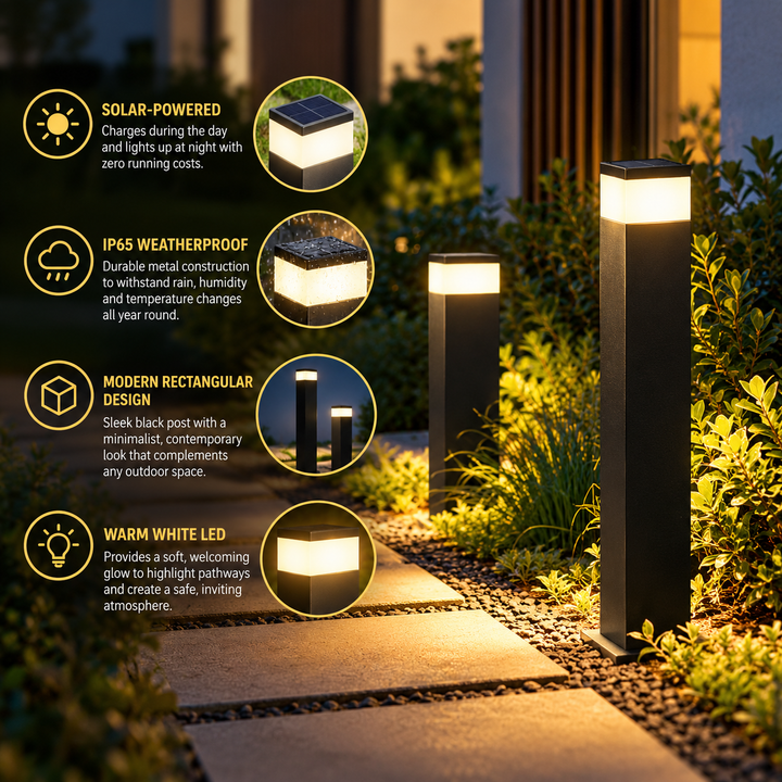 Solar Path Lights – Black Rectangular Bollard Post, Warm White LED, IP65 3