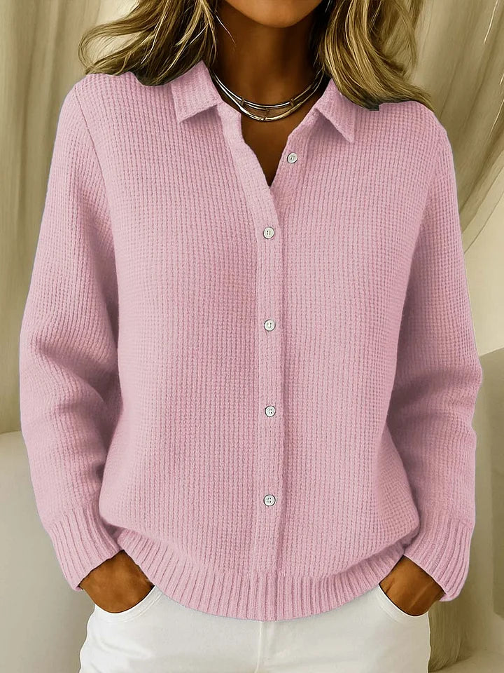 Women's Textured Knit Polo Sweater with Collar and Button Placket 2