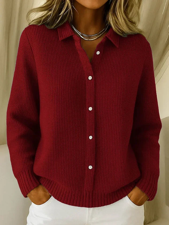 Women's Textured Knit Polo Sweater with Collar and Button Placket 3