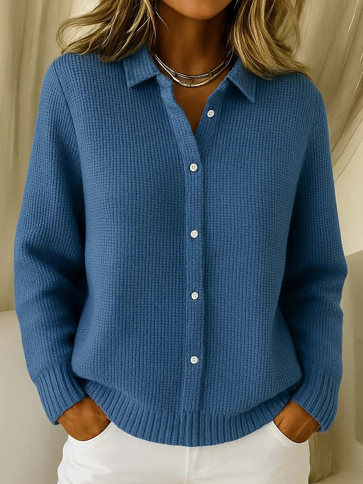 Women's Textured Knit Polo Sweater with Collar and Button Placket 4