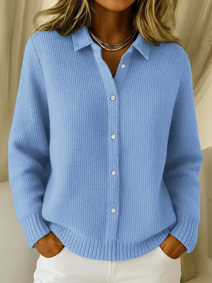 Women's Textured Knit Polo Sweater with Collar and Button Placket 1