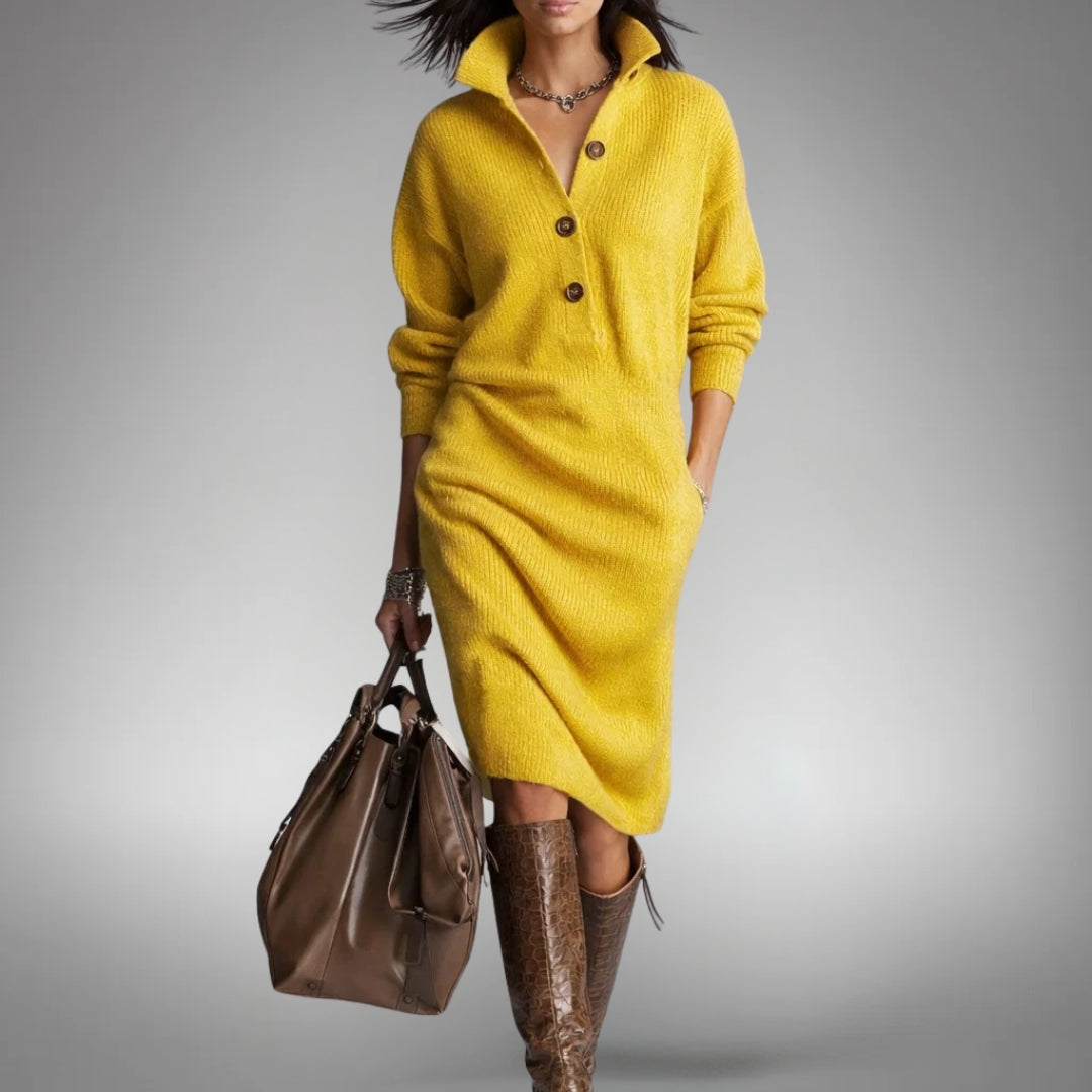 Women's Oversized Midi Sweater Dress with Mock Neck and Button Placket 10