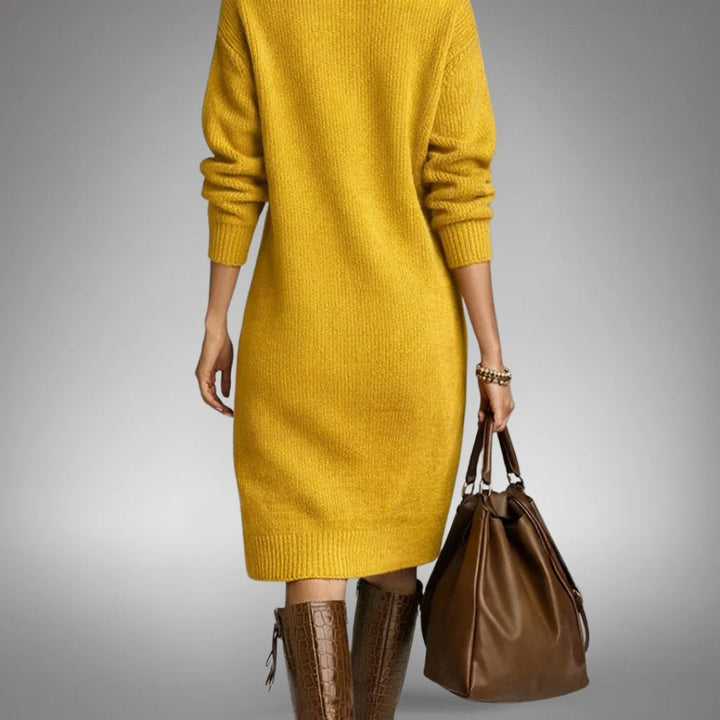 Women's Oversized Midi Sweater Dress with Mock Neck and Button Placket 11