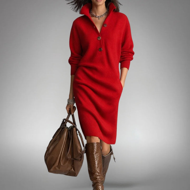 Women's Oversized Midi Sweater Dress with Mock Neck and Button Placket 4